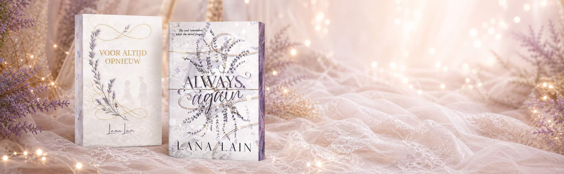 Wide romantic website banner showing two paperback editions of Always, Again / Voor Altijd Opnieuw standing on soft lace fabric. The Dutch and English covers are displayed side by side among lavender, warm fairy lights, and a dreamy cream-pink background with purple and gold accents.